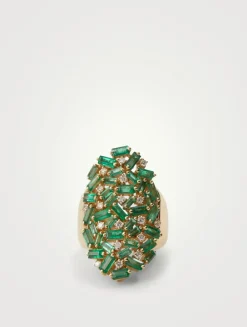 Rainbow Fireworks 18K Gold Shield Ring With Emeralds And Diamonds