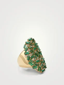 Rainbow Fireworks 18K Gold Shield Ring With Emeralds And Diamonds