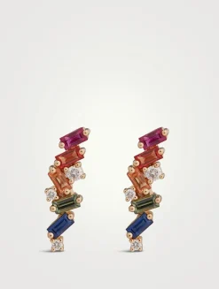 Rainbow Fireworks 18K Gold Frenzy Zig-Zag Stud Earrings With Sapphires And Diamonds