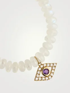 Rainbow Moonstone Beaded Bracelet With 14K Gold Extra Large Bezel Diamond Evil Eye Charm