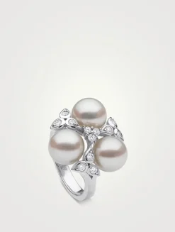 Raindrop 18K White Gold Akoya Pearl Ring With Diamonds