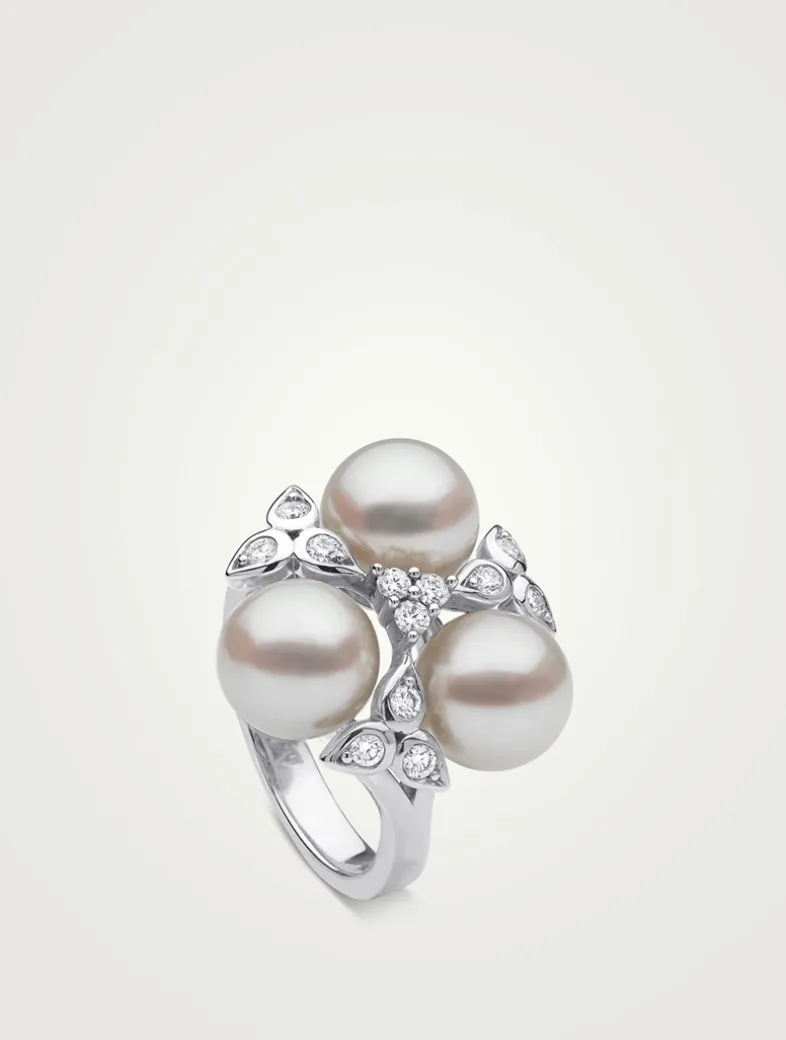 Raindrop 18K White Gold Akoya Pearl Ring With Diamonds
