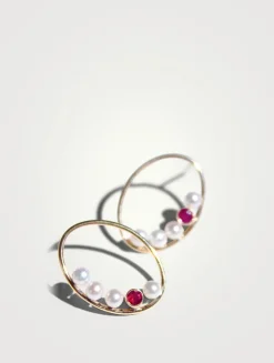 Recycled 14K Gold Oval Nested Pearl And Ruby Earrings