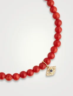 Red Coral Beaded Bracelet With 14K Gold Diamond Tiny Bezel Evil Eye Charm