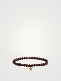 Red Garnet Beaded Bracelet With Small 14K Gold Diamond Chai Charm