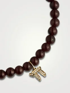 Red Garnet Beaded Bracelet With Small 14K Gold Diamond Chai Charm