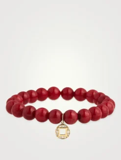 Red Jade Beaded Bracelet With 14K Gold Diamond Lucky Coin Charm
