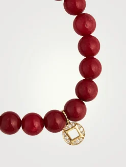 Red Jade Beaded Bracelet With 14K Gold Diamond Lucky Coin Charm