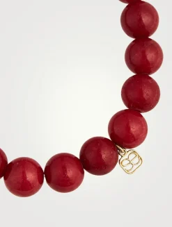 Red Jade Beaded Bracelet With 14K Gold Diamond Lucky Coin Charm