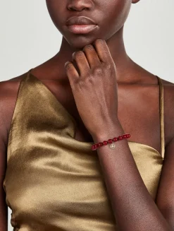 Red Jade Beaded Bracelet With 14K Gold Diamond Lucky Coin Charm