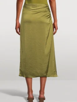 Ruched Crushed Satin Midi Skirt