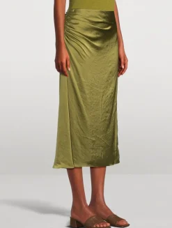 Ruched Crushed Satin Midi Skirt