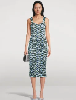 Ruching Midi Dress In Peony Print