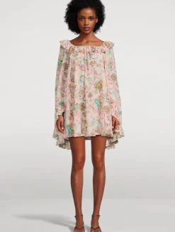 Ruffled Crêpe de Chine Mini Dress In Floral Print