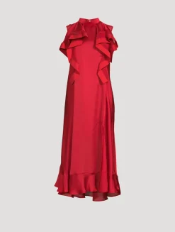 Ruffled Satin Midi Dress