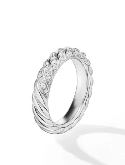 Sculpted Cable Band Ring In 18k White Gold With Diamonds, 4.6mm