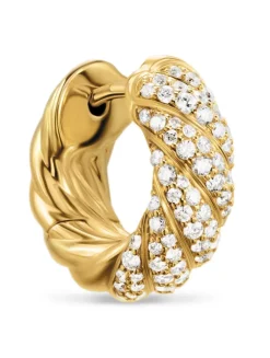 Sculpted Cable Hoop Earrings In 18k Yellow Gold With Diamonds, 14.4mm