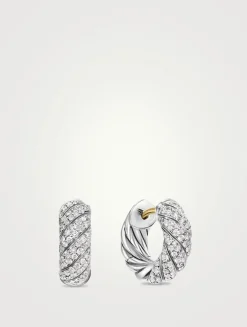 Sculpted Cable Hoop Earrings In Sterling Silver With Diamonds, 14.4mm