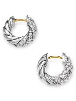 Sculpted Cable Hoop Earrings In Sterling Silver With Diamonds, 14.4mm
