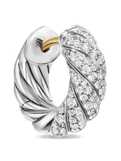 Sculpted Cable Hoop Earrings In Sterling Silver With Diamonds, 14.4mm