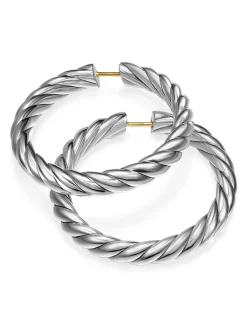 Sculpted Cable Hoop Earrings In Sterling Silver, 38mm