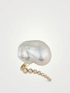 Sea Of Beauty Collection 14K Gold Open Multi Diamond And Baroque Pearl Ring