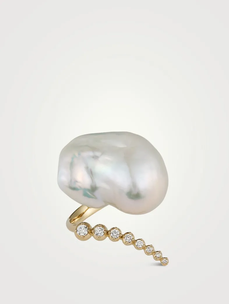 Sea Of Beauty Collection 14K Gold Open Multi Diamond And Baroque Pearl Ring