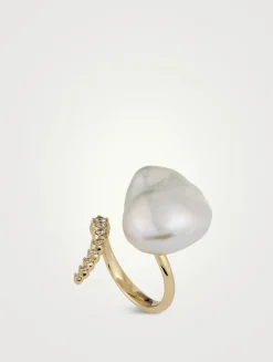 Sea Of Beauty Collection 14K Gold Open Multi Diamond And Baroque Pearl Ring