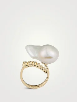 Sea Of Beauty Collection 14K Gold Open Multi Diamond And Baroque Pearl Ring