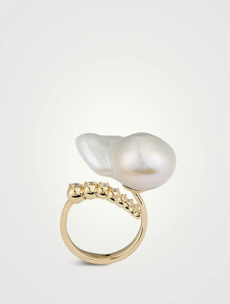 Sea Of Beauty Collection 14K Gold Open Multi Diamond And Baroque Pearl Ring