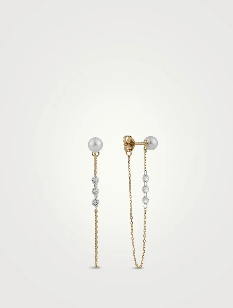 Sea Of Beauty 14K Gold Pierced Diamond And Pearl Chain Earrings