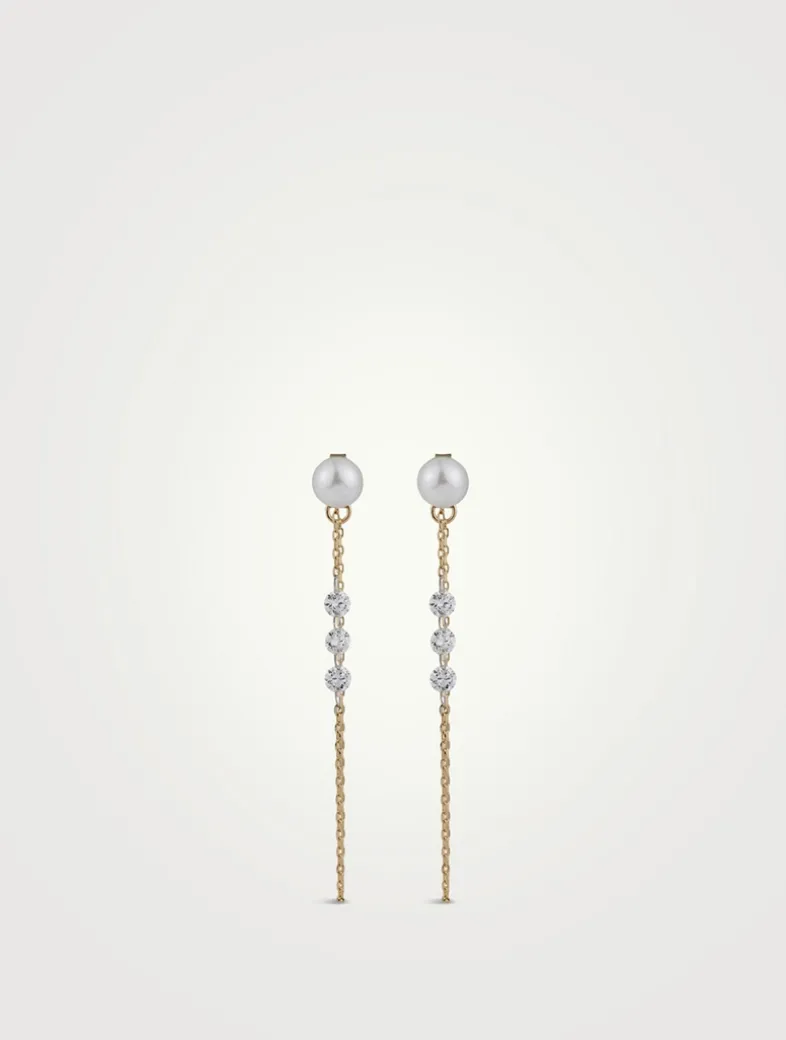 Sea Of Beauty 14K Gold Pierced Diamond And Pearl Chain Earrings