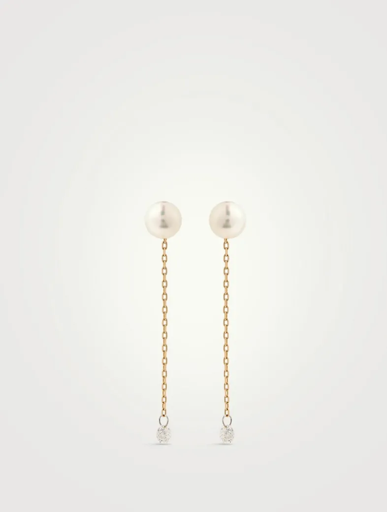 Sea Of Beauty 14K Gold Pierced Diamond And Pearl Chain Earrings