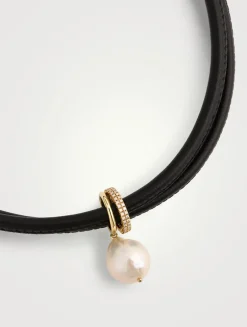 Sea Of Beauty Leather Necklace With Pearl And 0.34 ct Diamond Slider