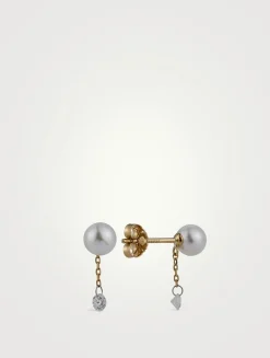 Sea Of Beauty Pearl Chain Stud Earrings With Diamonds