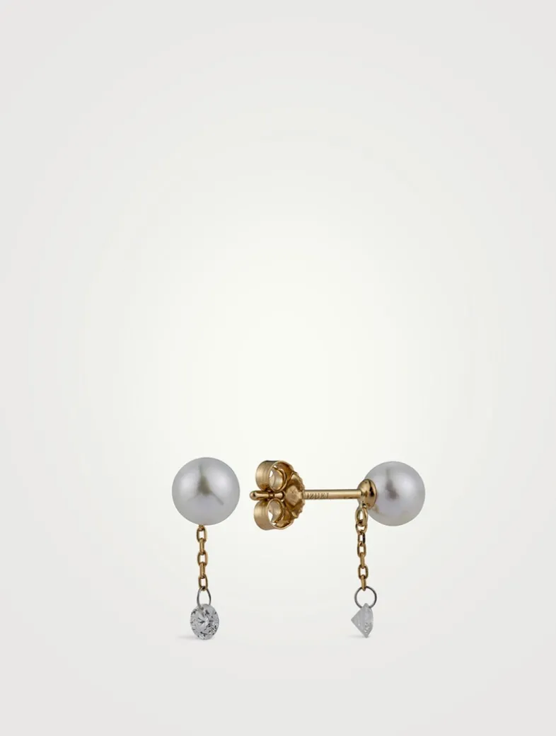 Sea Of Beauty Pearl Chain Stud Earrings With Diamonds