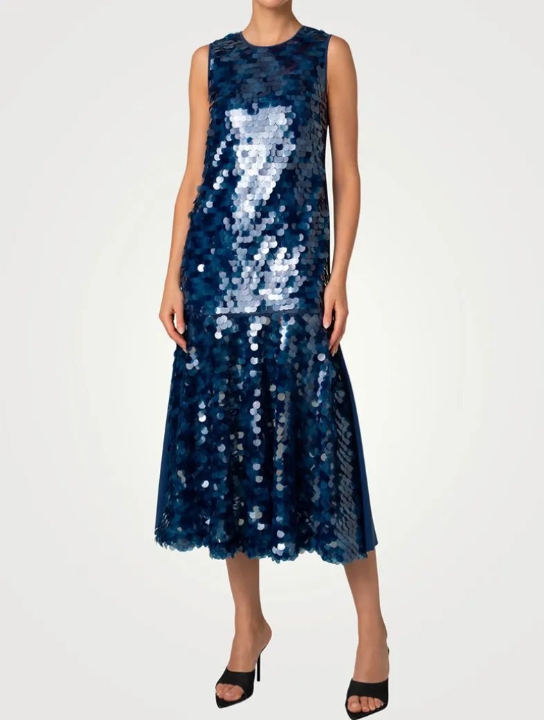 Sequin-Front Sleeveless Midi Dress