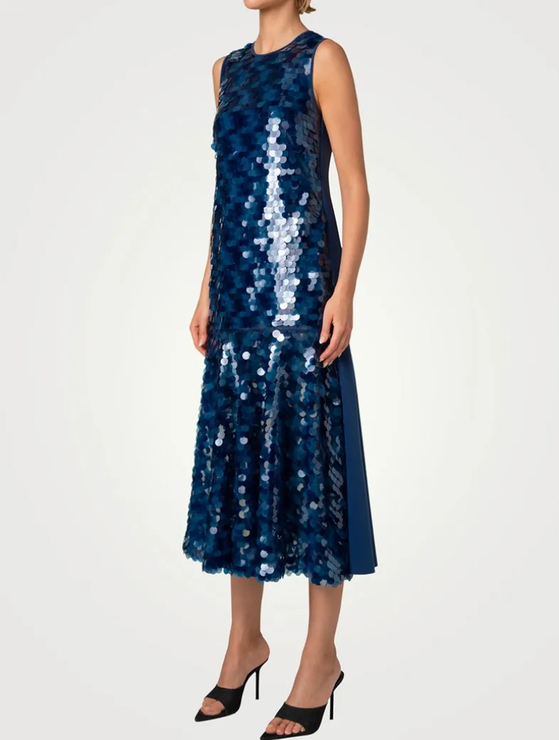 Sequin-Front Sleeveless Midi Dress