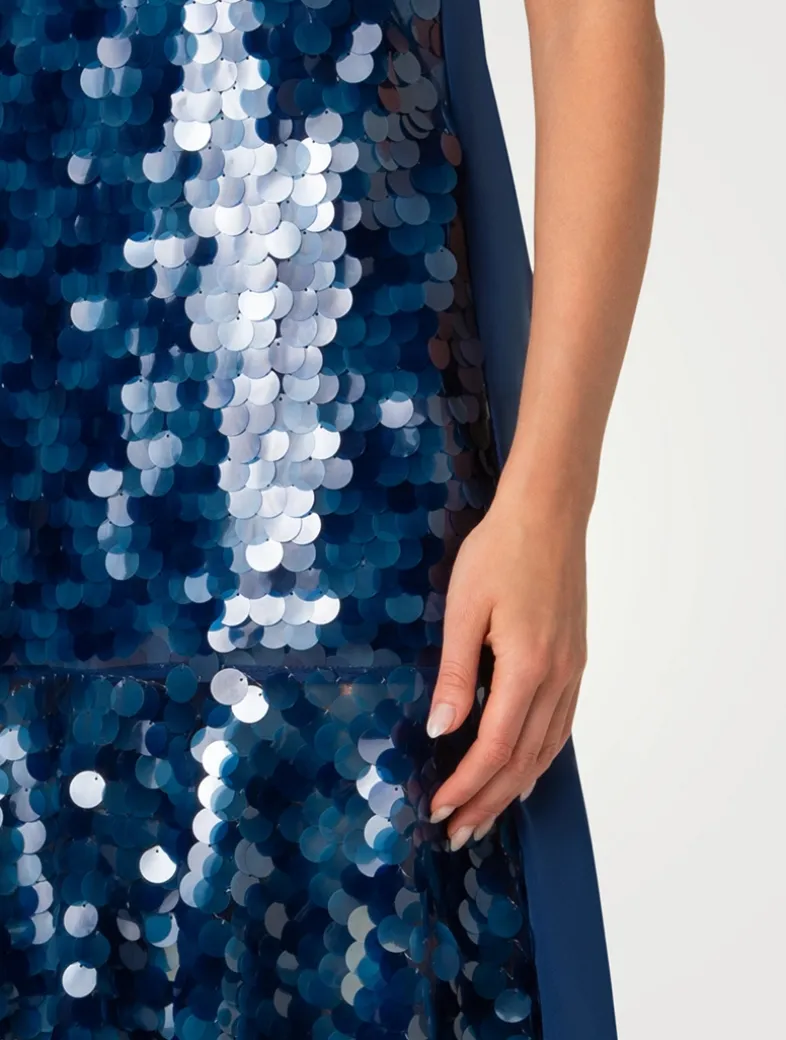 Sequin-Front Sleeveless Midi Dress