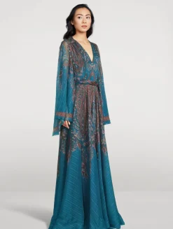 Silk Gown In Floral Paisley Print