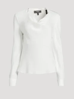 Silk Long-Sleeve Cowlneck Blouse