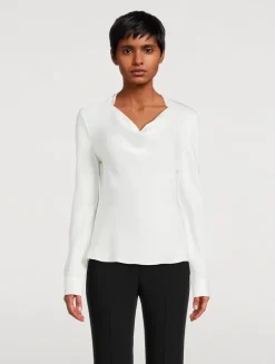 Silk Long-Sleeve Cowlneck Blouse