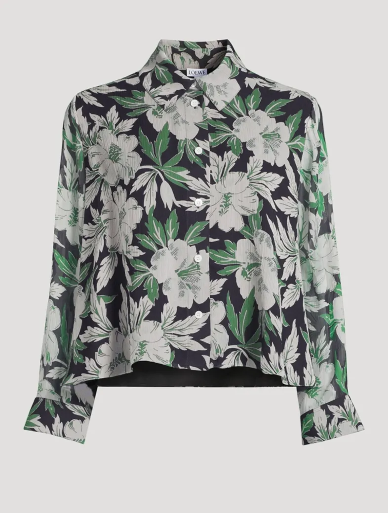 Silk Long-Sleeve Shirt In Hibiscus Floral Print