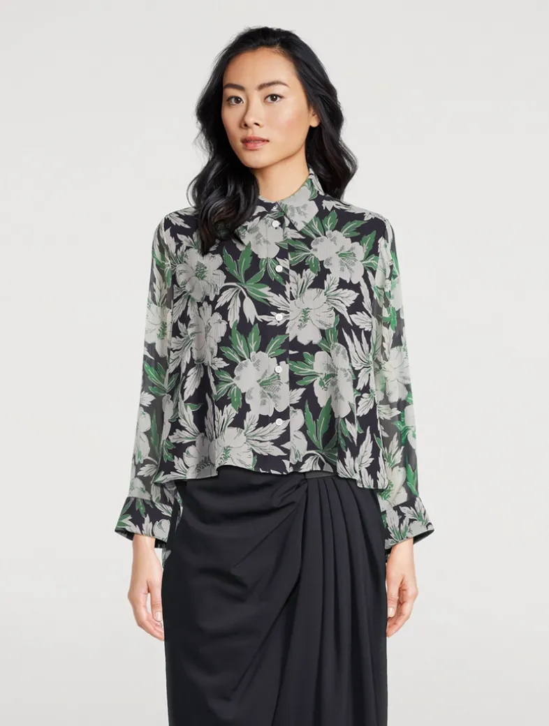 Silk Long-Sleeve Shirt In Hibiscus Floral Print