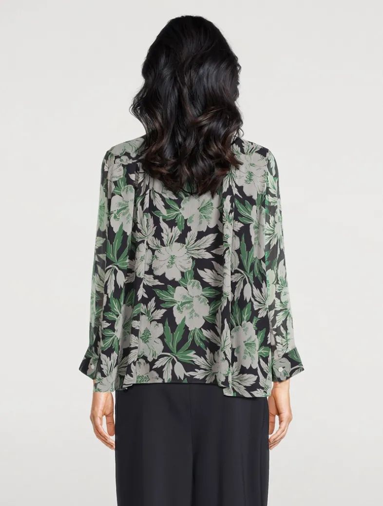 Silk Long-Sleeve Shirt In Hibiscus Floral Print