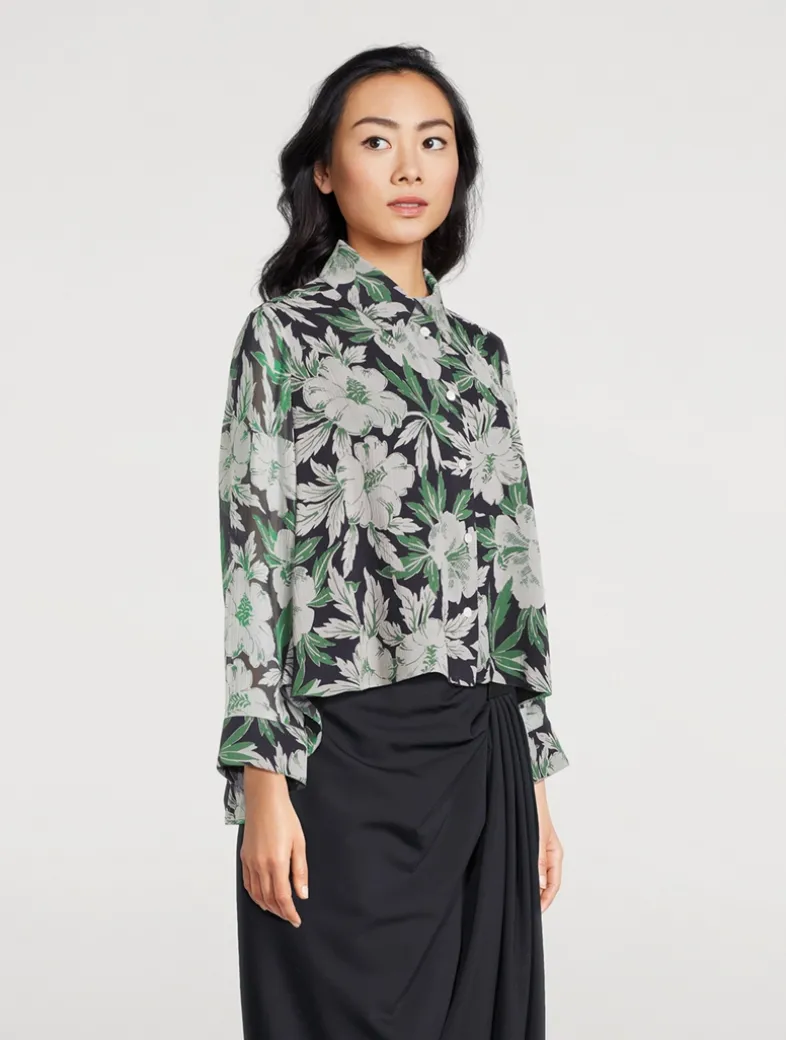 Silk Long-Sleeve Shirt In Hibiscus Floral Print