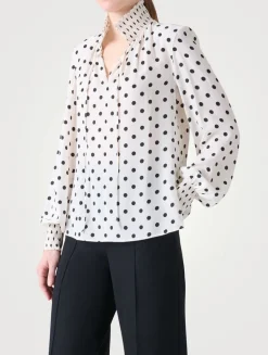 Silk Tie-Neck Blouse In Polka Dot Print
