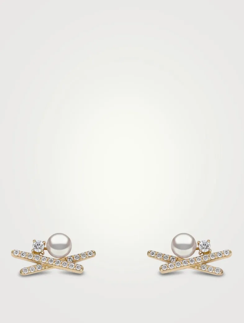 Sleek 18K Gold Akoya Pearl Earrings With Diamonds