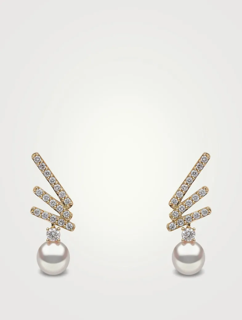 Sleek 18K Gold Akoya Pearl Drop Earrings With Diamonds