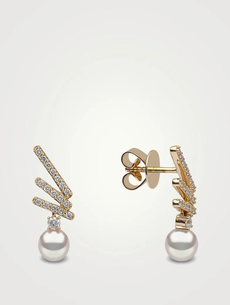 Sleek 18K Gold Akoya Pearl Drop Earrings With Diamonds